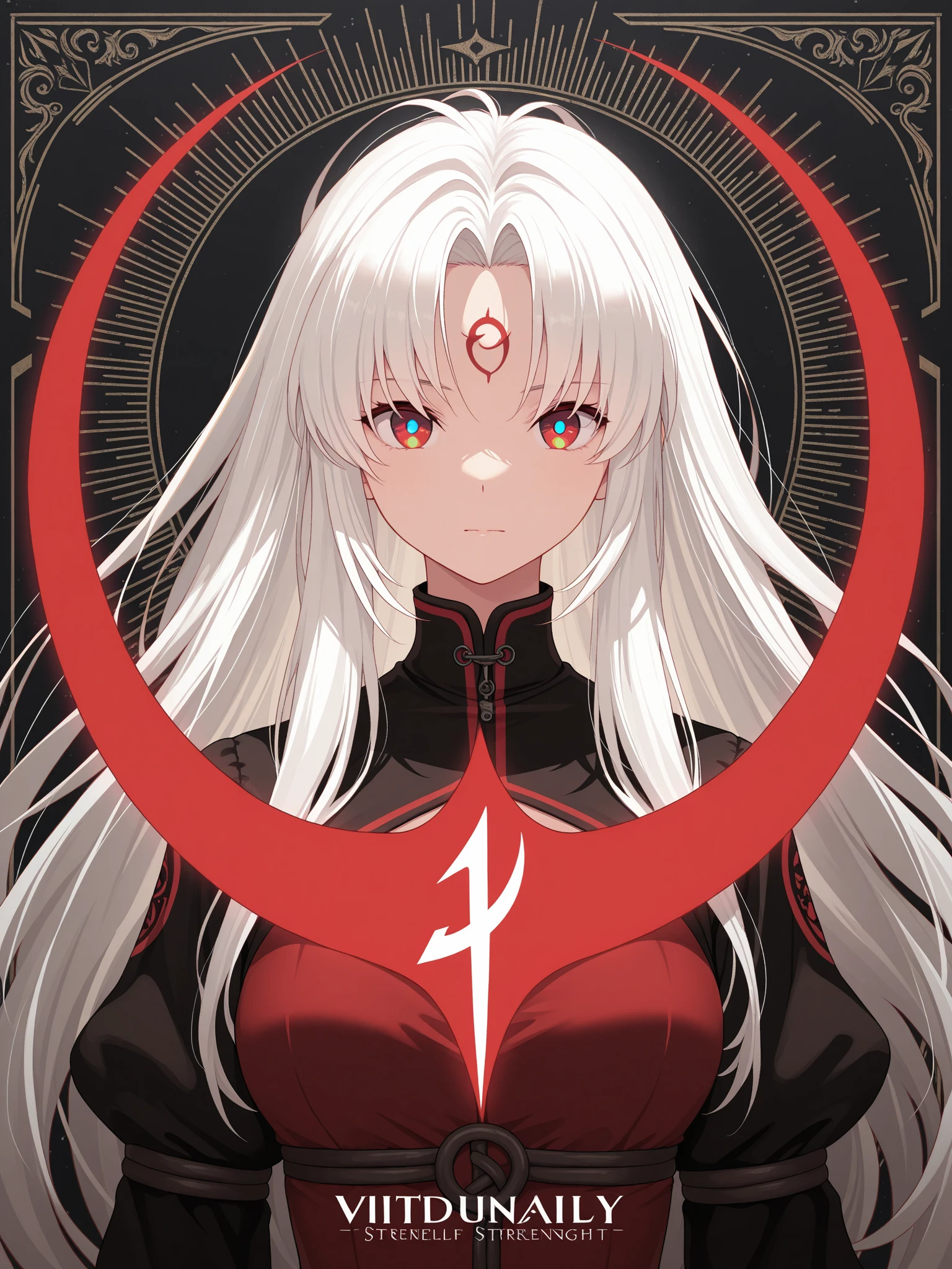 Woman, wearing black suit with white markings, On uer head, her white outlines resemble the symbol of a multi pointed star, verticals white lines on chest but horizontal on arms, wearing a glowing red cloak with ethereal red humanoid arms and hands extending from the red cloak, has a third red eye on his forehead resembling the moon