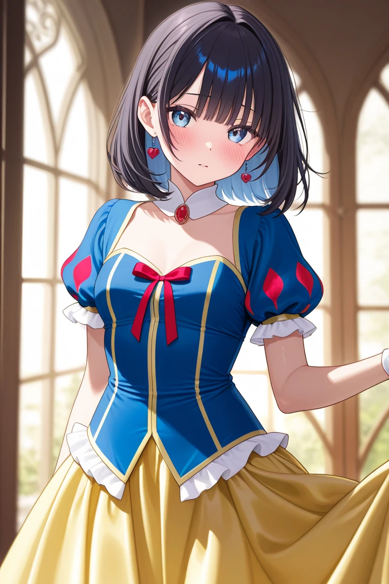 1girl, cute, kawaii,(smile:0.9),(dimple:1.2), ars old, large breasts, narrow waist,wide hip,straight hair, short hair, black eyes, white fine skin,small mouth,slender, sexy pose,(cleavage:1.2),
snow white costume, silk blue corset, red white slashed puffer shoulder sleeves, silk yellow pleated skater silk skirt, white leggings, red hairband, red cape, maximum resolution. dimmed lighting, bedroom