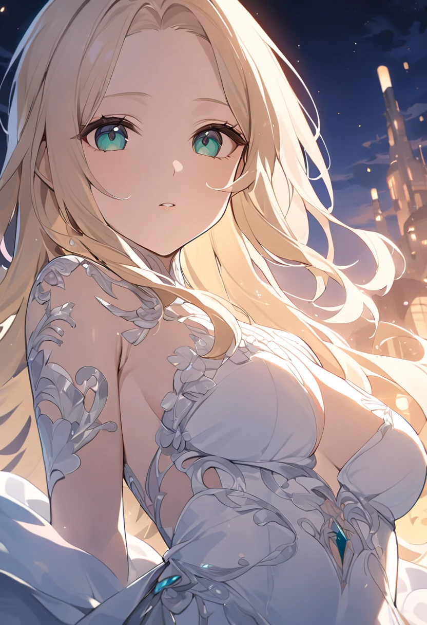 High resolution RAW color image, animation,Sculpture, Silver marble skin, (((Highly detailed elegant))), Magical atmosphere, detailed skin, texture,(Exquisitely Crafted, Smaller details, Ultra detailed art), Depth of written border, hips, Silky touch, hyperdetailing,,euphilia, one girl,Anime girl with long blond hair and dark turquoise eyes in a white dress, green eyes,beautiful eyes, Elegant face, Magic City, sunrise, upper body, (big hips, Bottom view), Under the breast