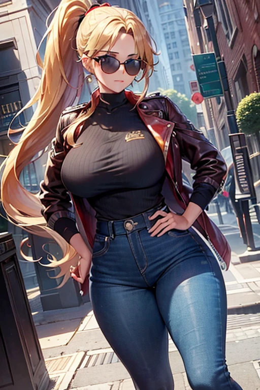 (((1 woman in frame), Pretty Caucasian (female), Sarah Shahi, a slim but muscular body, huge breasts, ray tracing, perfect anatomy, Voluptuous, )), ((bright red lipstick)), ((seductive smile)) ((big bright blue eyes looking towards the viewer)) ((open long wavy blond hair)), perfect anatomy, Voluptuous, ray tracing, Ultra realistic 8K, flawless, tall,(Red Lip, Heavy makeup)、Standing in a sexy pose、Nikon Z 85mm, ((Best Quality)) ,((masterpiece)), intricate details, Extremely delicate and beautiful, ((DC black canary character, black corset top:1.6, jet black leather rider jacket, ((large cleavage))、((black latex Ultra micro miniskirt((very very very micro miniskirt exposing full length thighs))))、black latex gloves、black glasses、black shining shoes、((beautiful exposed long thighs))、)):1.0、（Full body shot:1.0)、Sexy look, standing pose、NSFW:1.0, Gotham City beer bar, night, ((view from front))、
