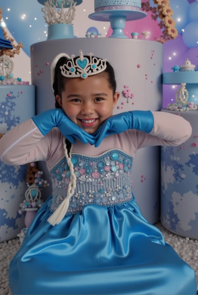 real potrait, full body, long shot, a 5 year old  with long hair wearing frozen princess style clothes, was standing in front of a birthday cake, there is a candle in the shape of the number 5, There&#39;s writing "alma" , Room decoration with a Frozen movie feel