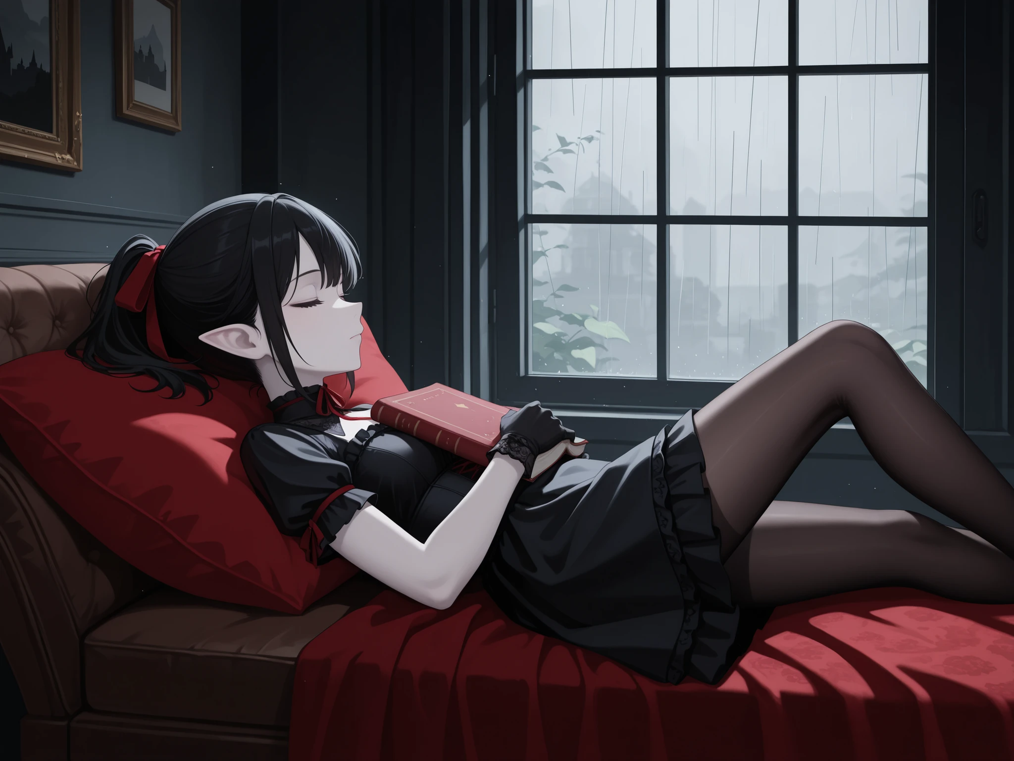 masterpiece, best quality, very aesthetic, solo, female focus, from side, 1girl, closed mouth, beautiful face, vampire, closed eyes, detailed eyes, black hair, short hair, ponytail, hair ribbon, red ribbon, (ta fashion), black dress, short dress, short sleeve, black gloves, pantyhose, pointy ears, pale skin, lying, sleeping, (on back), bedroom, sleep on couch, (a book, candel), window, (heavy rain) outside the window, velvet pillow, velvet blanket, gothic theme, amazing background, high-res, absurdres