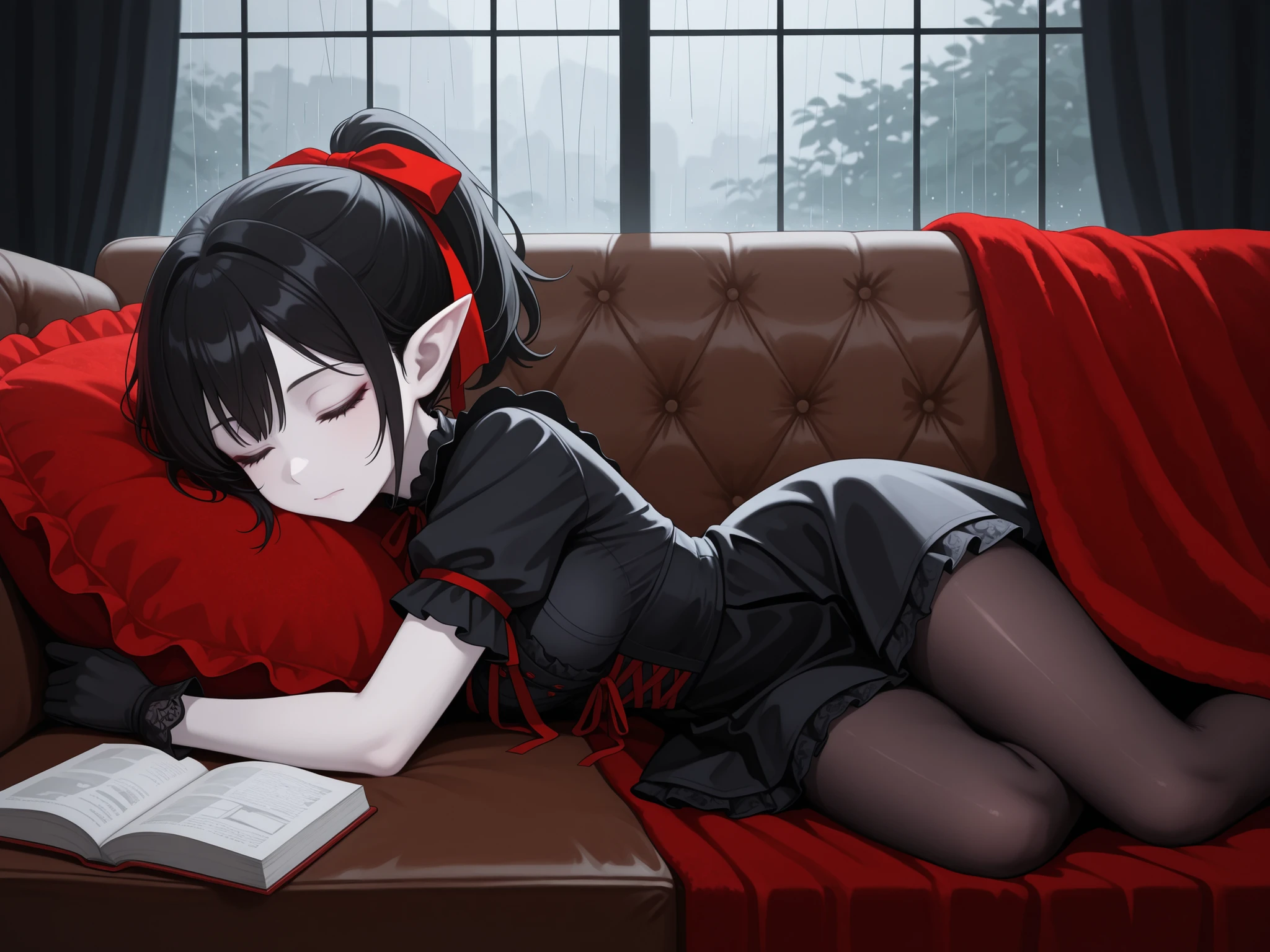 masterpiece, best quality, very aesthetic, solo, female focus, from side, 1girl, closed mouth, beautiful face, vampire, closed eyes, detailed eyes, black hair, short hair, ponytail, hair ribbon, red ribbon, (ta fashion), black dress, short dress, short sleeve, black gloves, pantyhose, pointy ears, pale skin, lying, sleeping, bedroom, sleep on couch, (a book, candel), window, (heavy rain) outside the window, velvet pillow, velvet blanket, gothic theme, amazing background, high-res, absurdres