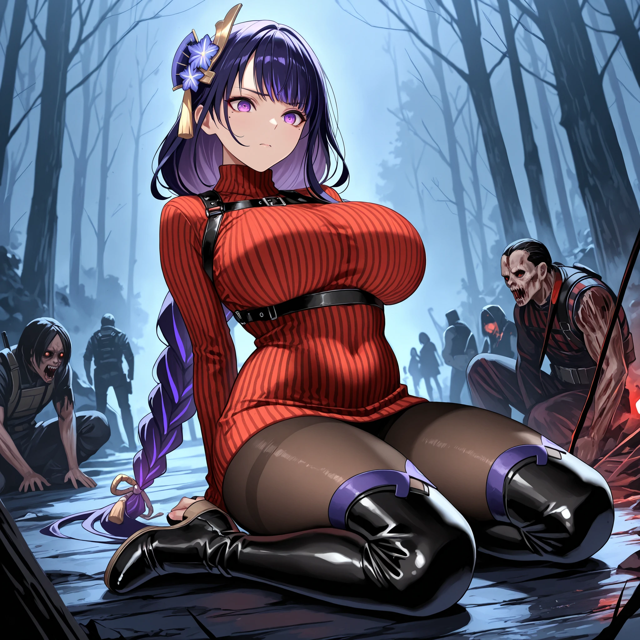 masterpiece, high quality, best quality, very aesthetic, absurd, raiden shogun, braids, long hair, one mole, one mole under the eye, purple eyes, purple hair, red sweater dress, turtleneck, striped sweater, black thigh-high boots, black stockings, harness, beautiful purple eyes, long purple hair, very big breasts, serious face, sexy pose, solo woman, anatomical details,scared face , sexy, outdoor, best quality, nice eyes, solo woman, look at the audience, plump thighs, perfect background, Oppai / Slim body big breasts, only one woman, perfect big thighs, side, 4k resolution, resident evil game background atmosphere, dark atmosphere, midnight, midnight in forest, high black boots, balck pantyhose, ada wong costume , zombie in the back, sit on the ground
