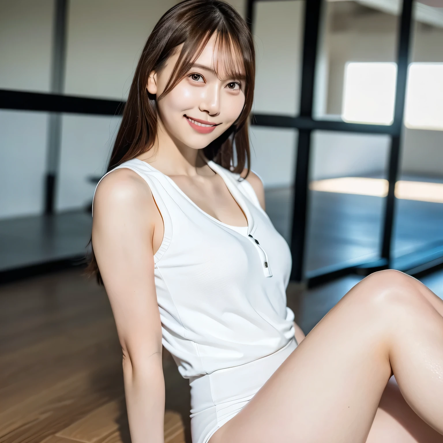 A young person sits on the polished wooden floor of a brightly lit gymnasium, knees drawn to their chest with arms wrapped around their legs. White panties are visible. Soft light from tall windows reflects off the glossy floor, creating gentle patterns. Their relaxed posture suggests quiet contemplation as they gaze at the open space ahead. The gym walls, marked with faded sports lines and scattered equipment, frame the serene atmosphere.A 20-year-old woman smiles gently, friendly. (RAW photos, top quality), (realistic, photo-realistic:1.4), masterpiece, extremely delicate and beautiful, highly detailed, 2k wallpaper, ultra-detailed CG unity 8k wallpaper, ultra detail, high res, soft light, beautifully detailed girl looking back, extremely detailed eyes and face, beautifully detailed nose, cinematic lighting, perfect anatomy, slender body. Long hair, brown hair, dark eyes.