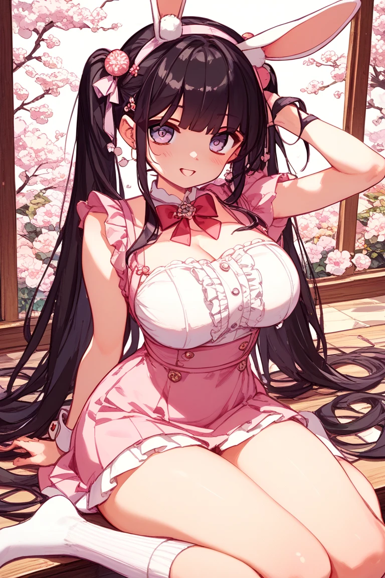 black hair, female, twin drills, solo, smol, pink eyes, massive breasts, very long hair, wear sexy outfit, masterpiece, ultra high quality