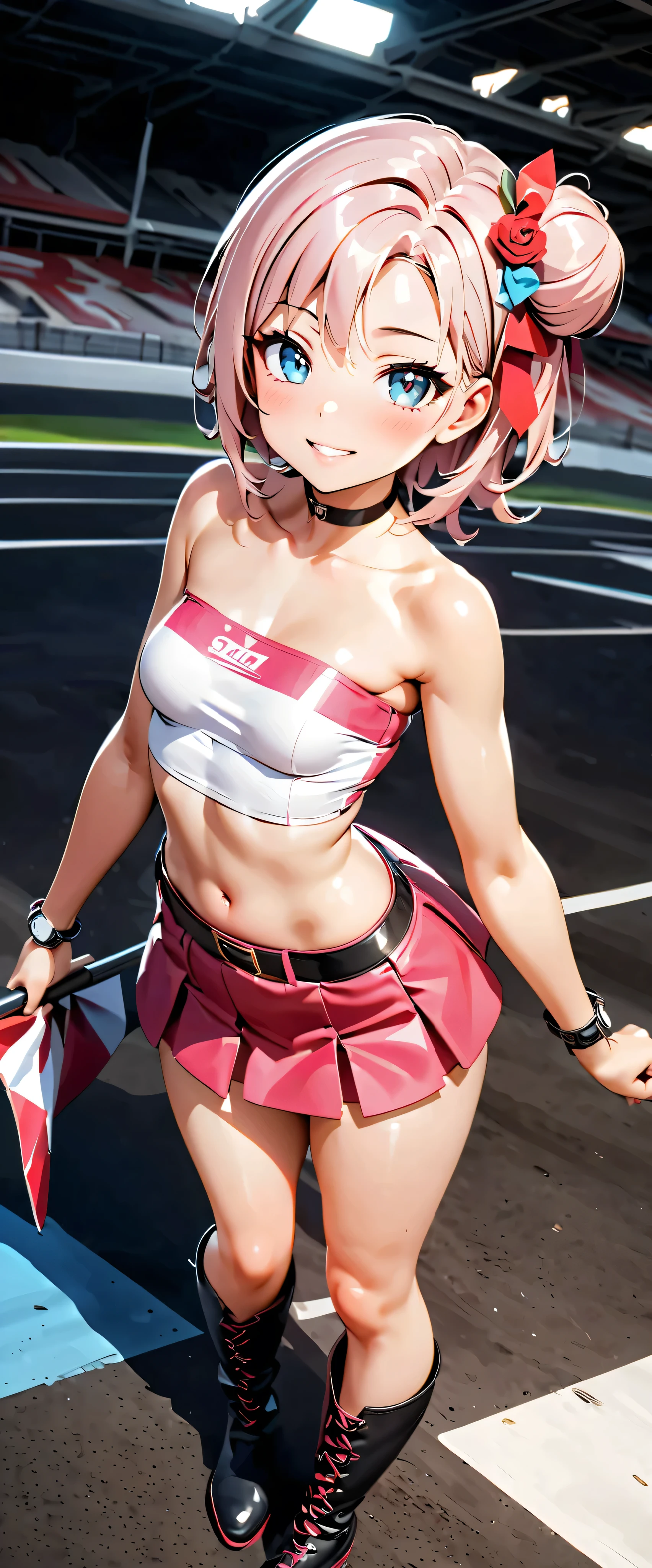 best quality, super high resolution, One person, small breasts, black choker, smile, exposes shoulders, focus only , Viewers,Fair skin,car race track,photon mapping, Physically Based Rendering, RAW photos , very detailed background, K-pop Idol ,depth of field,hair ornament,detailed face,radiant skin, game cg,full body, Shiny Micro Tight Mini Skirt,shiny micro tube top,shiny knee-high long boots,race queen,sexy pose,holding a flag,gross lips,Mizuki