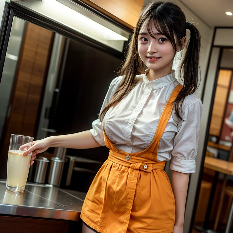 Japan girl with idol face、with round face、With bangs、a baby face、19 years old Part-time job、Cafe Restaurant、NSFW、cleavage of the breast、Ultramammy、SEX、 masturbation、hand job、ハンドジョブ、Micro Panties、((Uniform that emphasizes breasts:1.5))、(Orange Mini Apron)、(Orange high-waisted miniskirt)、(((Orange Underbust Shirt)))、(White shirt)、Short ponytail、bangss、M-shaped legs、masterpiece、top-quality、ighly detailed、Front view、crouching down、waitresses、Sales Smile、Micro shorts、bottom less、The skirt fits the body、Food Carrying Pose、(((Panchira)))、hand job、areola is visible、pubic hair sticks out、Dynamic Poses、(emphasis on the buttocks:1.5)、Looks:1.2、crouching down、:1.2