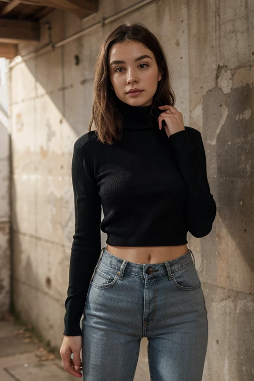 A stunning intricate full color portrait of (sks woman:1), wearing a black slit sleeve turtleneck with cropped in the belly part, cropped turtleneck, wearing blue denim pants, dark plain background, epic character composition, by ilya kuvshinov, alessio albi, nina masic, sharp focus, natural lighting, subsurface scattering, f1.8, 35mm, film grain, black bob hair, black hair, sexy haircut