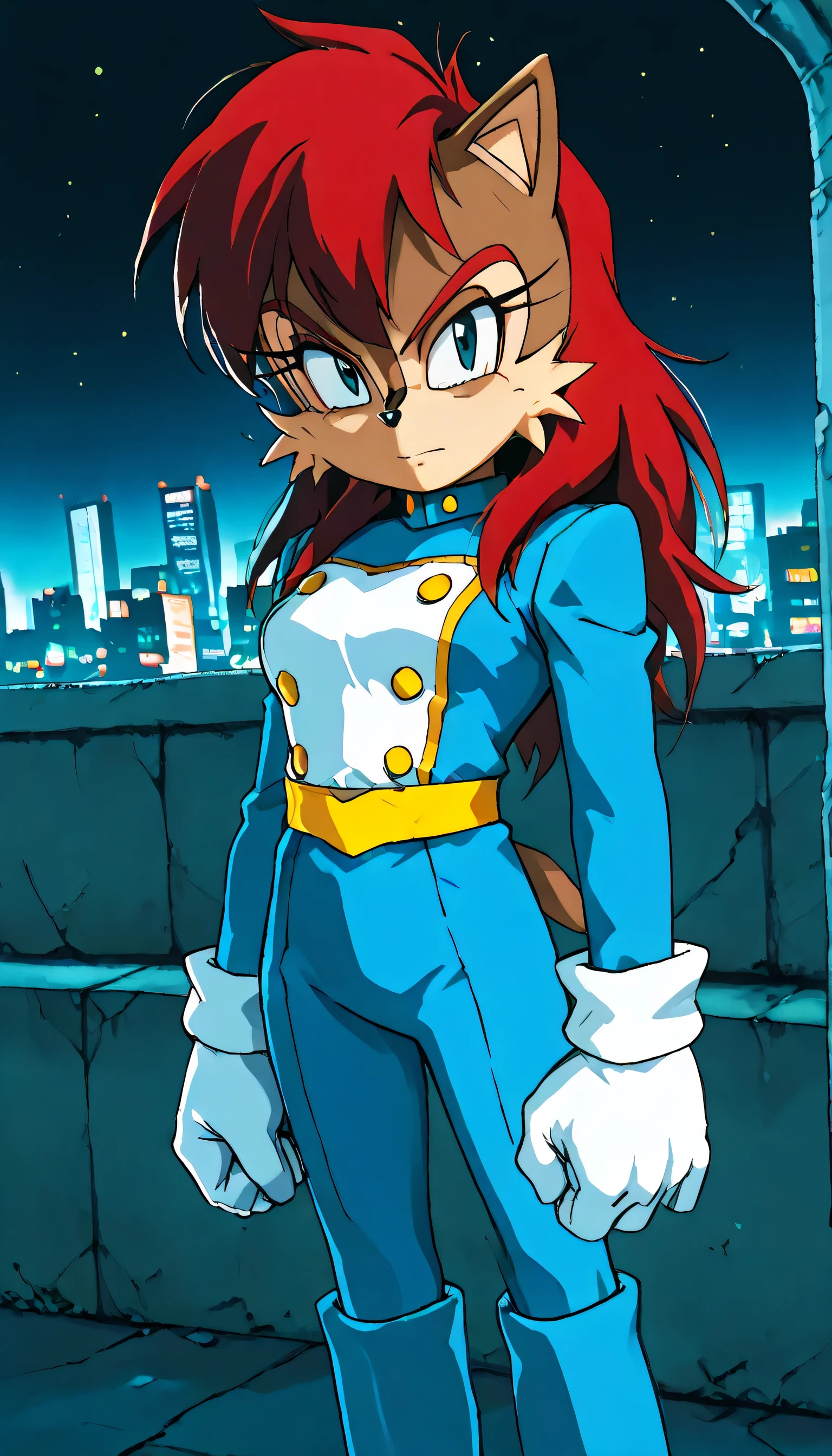 (score_9, score_8_up, score_7_up, score_6_up, source_anime, anti sally acorn From Sonic The Hedgehog (Series), 1girl), (extremely detailed CG unit 8k wallpaper),(master part), (best quality), (ultra detail), (best illustration),(ghibli_style), cowboy shot, dutch angle, standing, facing viewer, looking at viewer, perfect face, perfect eyes, perfect fingers, (Sharp eyeliner, ombre, detailed eyes:1), traditional media, cyberpunk city, post apocalyptic, night, outdoors BREAK upper body, solo, blue and white uniform with yellow trim
gold belt
blue bodysuit
white gloves
red hair, bangs, long hair,
blue footwear, knee boots,
blue footwear, knee boots,
red eyebrows
archie_artstyle
buttons
chipmunk girl