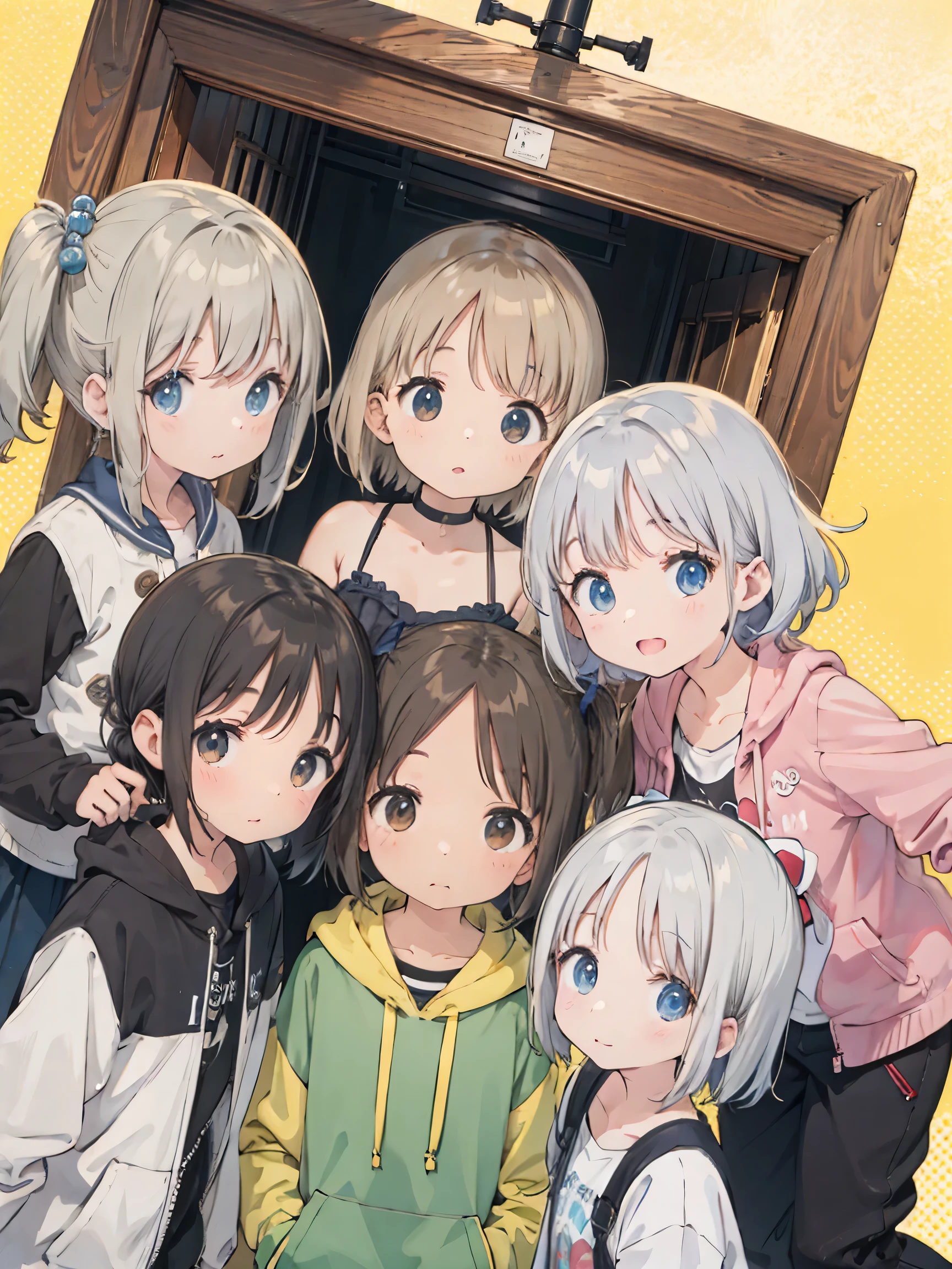 top quality , masterpiece, mean smile 、8k、Ultra-fine、 black hair、 Silver Hair、 Gold、4girls、 prank、 overaction、 moving angle、 pastel background、whole body、 at dusk