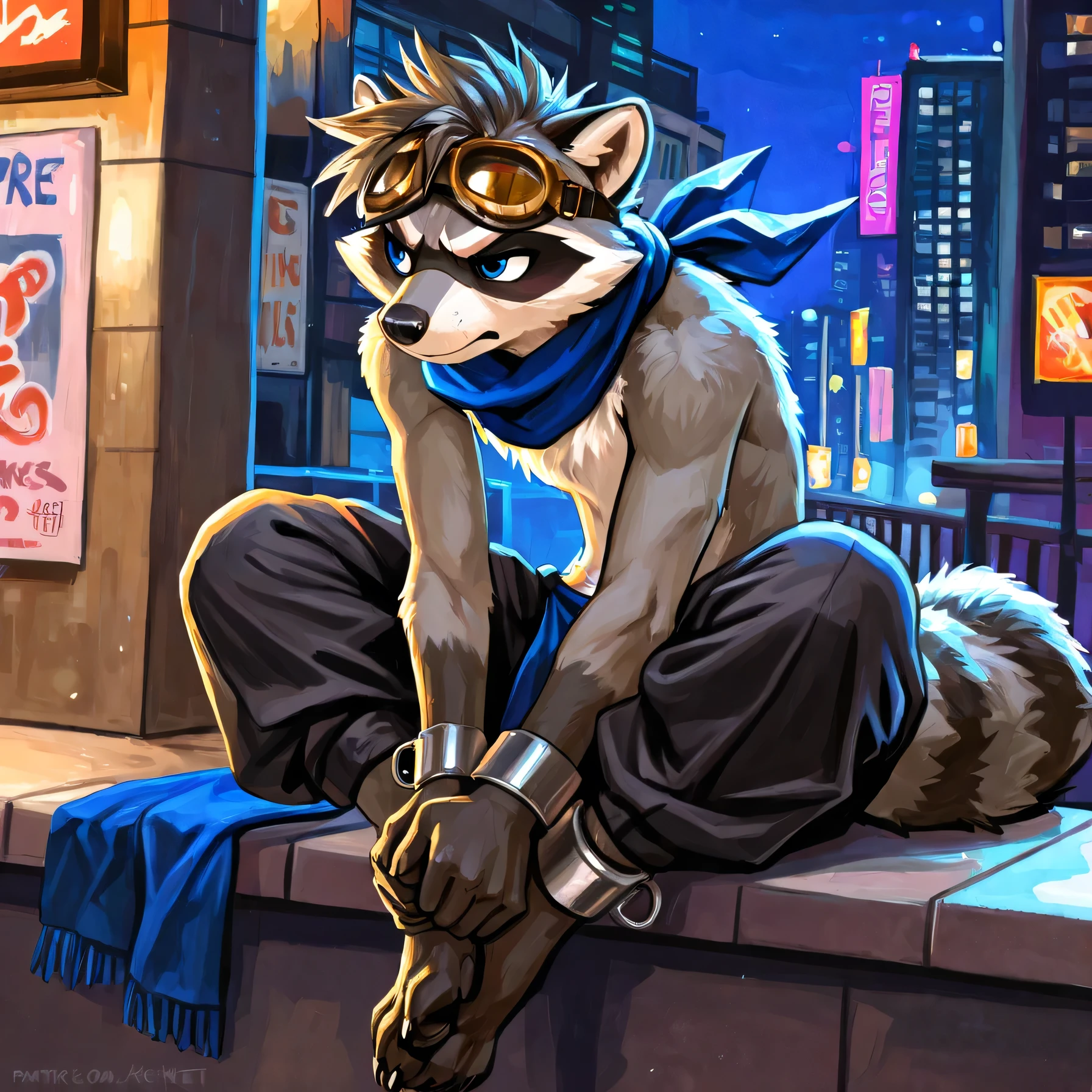 solo, furry, furry, raccoon, grey body, spiked brown hair, Detailed body fur, long blue scarf, , black baggy pants, blue loincloth, goggles, masterpiece, gray body, Detailed face, big eyebrows, blue eyes, detailed eyes, No muscles, Detailed hands, Flat body, Skinny, Detailed paws, metal cuffs on wrists, metal cuffs on ankles, no shirt, no underwear, city, night, annoyed, sitting, art by kenket