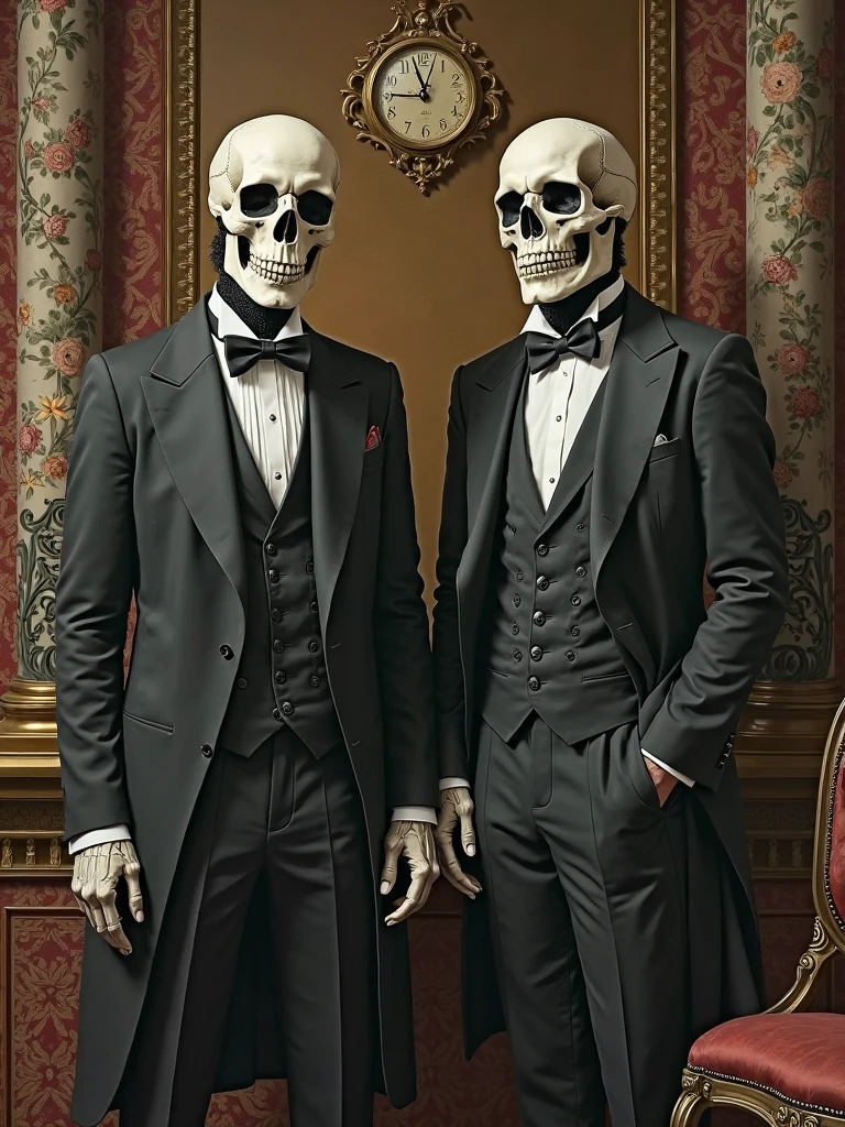 Tall man with ugly white face in a pinstripe overcoat with a skull cane Big black hat and black shoes 