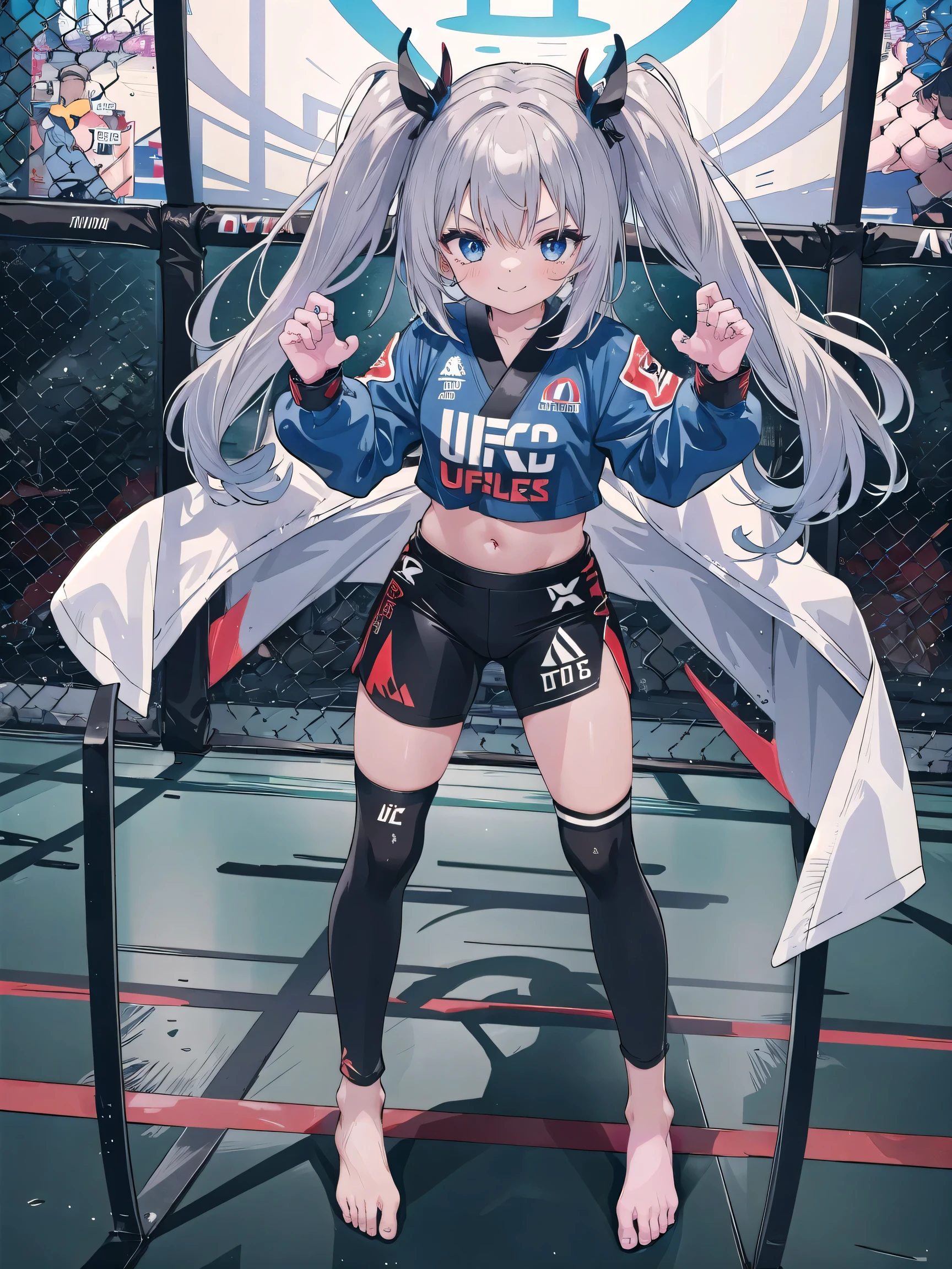 girl, watch viewers , petite body、 full body、ring、 mean smile、 flushed cheeks、Mixed martial artist、レスring、UFC、 tight costume 、 fighting pose、barefoot