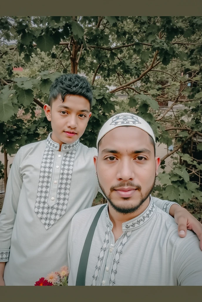 Seorang pria umur 30 tahun wajah asli indonesia sedang berdiri menggemdong anak perempuan umur 5 tahun pakai jilbab, kedua tangan memeluk badan pria, kepala bersandar di bahu pria. Latar belakang di taman yang penuh bunga warna warni dan ada arena bermain. Sangat realistis, sangat detail, ULTRA HD, FULL HDR