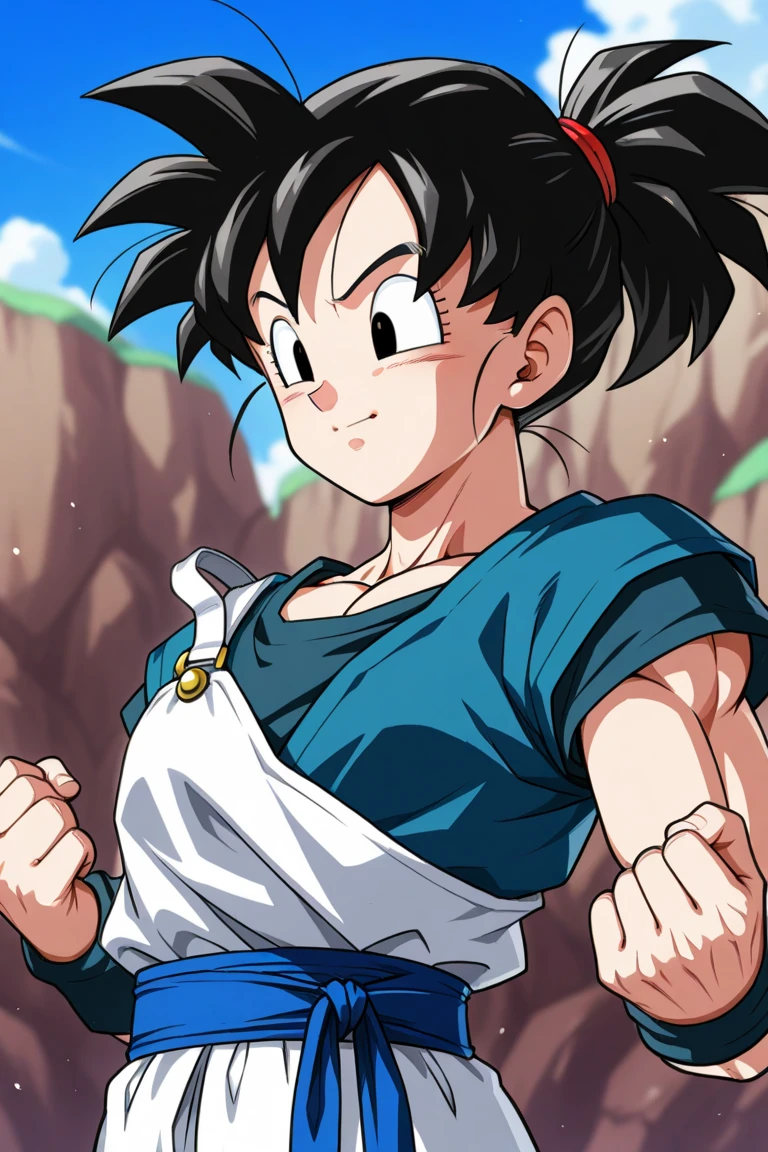 1990s anime screencap, Dragon Ball Z art style, young Sayian woman, small breasts, toned build, black eyes, short spiky hair, determined expression, purple and black gi, charging up energy pose, powering up yellow aura, outdoors background 