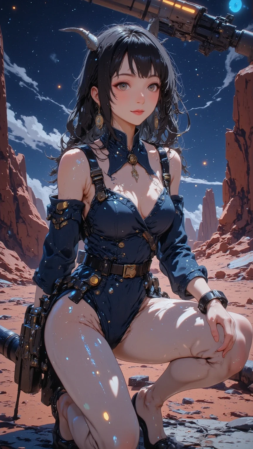 Alien desert surface, Space Fantasy，sf，Futuristic miniature mech vehicles from the 50s, Girl in transparent helmet and colorful micro bikini、（Cleavage exposure、Expose your arms、Navel exposure、Exposed thighs）large drooping 、large drooping ， （Garter Stockings）,
