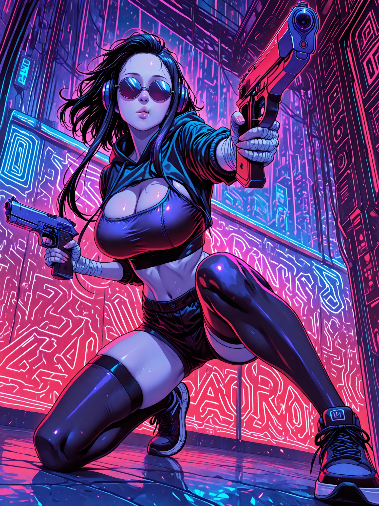 Masterpiece, anime realistic art, anime style,high school girl,dynamic angle, slender toned build, pale skin, shiny detailed eyes, (lipstick:0.7), purple hair,long hair, big breasts, floral printed shirt, cleavage, front tied shirt,half sleeves, black thong,rainy street, asphalt, white back light, night ,wet ,gun, gangster , looking at viewer, open legs, see-through