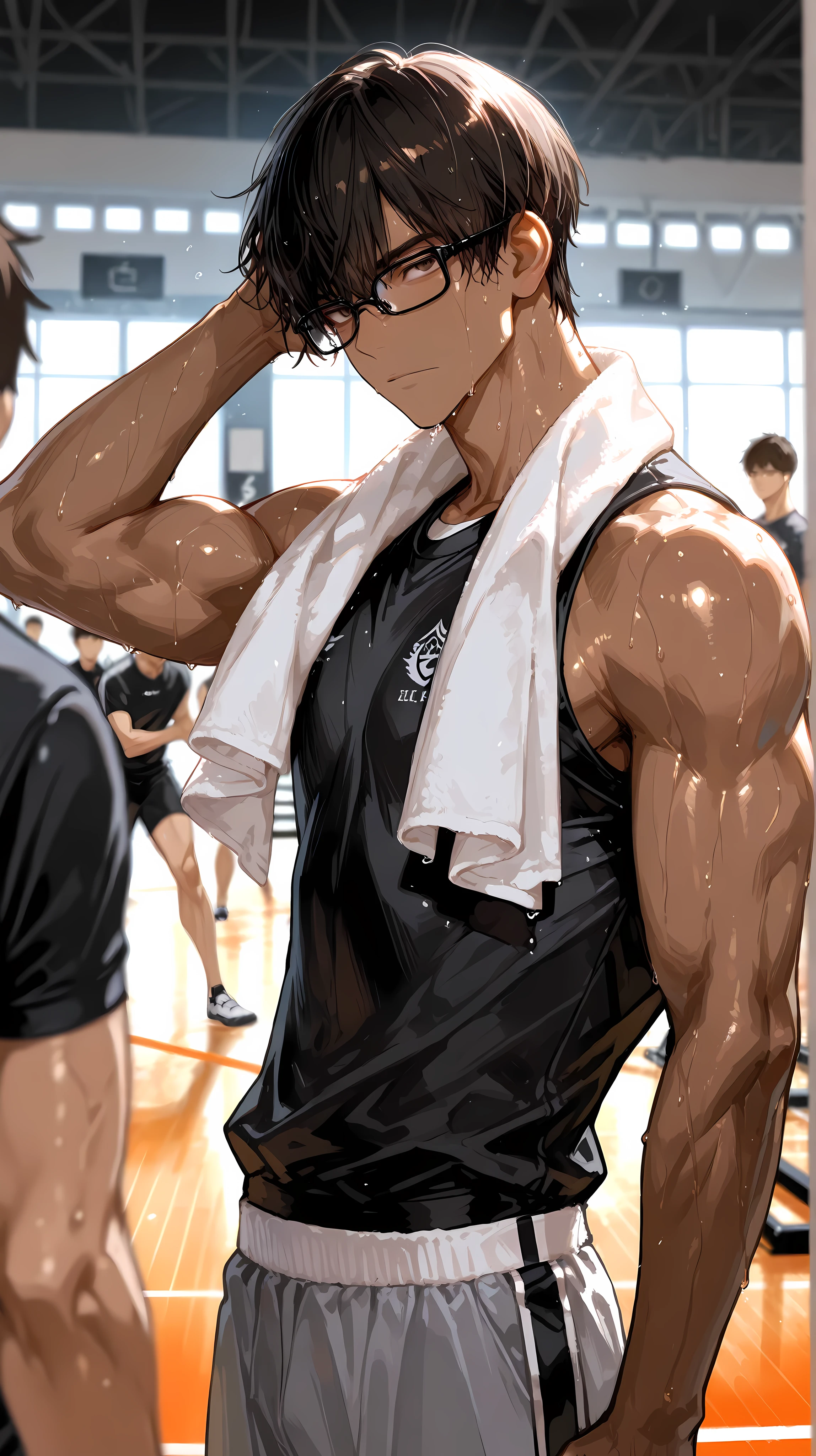 masterpiece,best quality,amazing quality, detailed eyes, very aesthetic, depth of field, detailed background, 1boy, , solo, male has brown skin, male has long face, male has low fade hair , male has squinted eyes, male has dark brown eyes, black hair, male is muscular, male wears black frame glasses, male wearing black fit gym shirt, male wearing grey short, black modern gym, male standing, male straightens his hair with his right hand , a white towel is surrounded around the neck of the male, male has sweaty body, gym is empty, male looking at viewer, male facing towards viewer