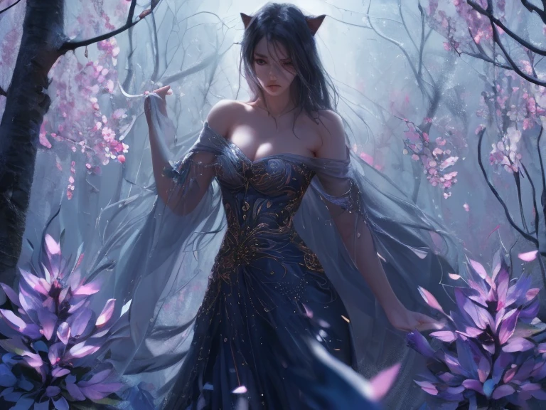 best quality, masterpiece, Ultra-high resolution, (Real photos: 1.4), night,Flowers on the other side (background), 20 years old, Bana goddess (Japanese Girls), Long hair with a shawl, Cold eyes, Sexy body, Big breasts, Wearing the Biantan flower strapless dress, Walking among the flowers on the other side,Small river
