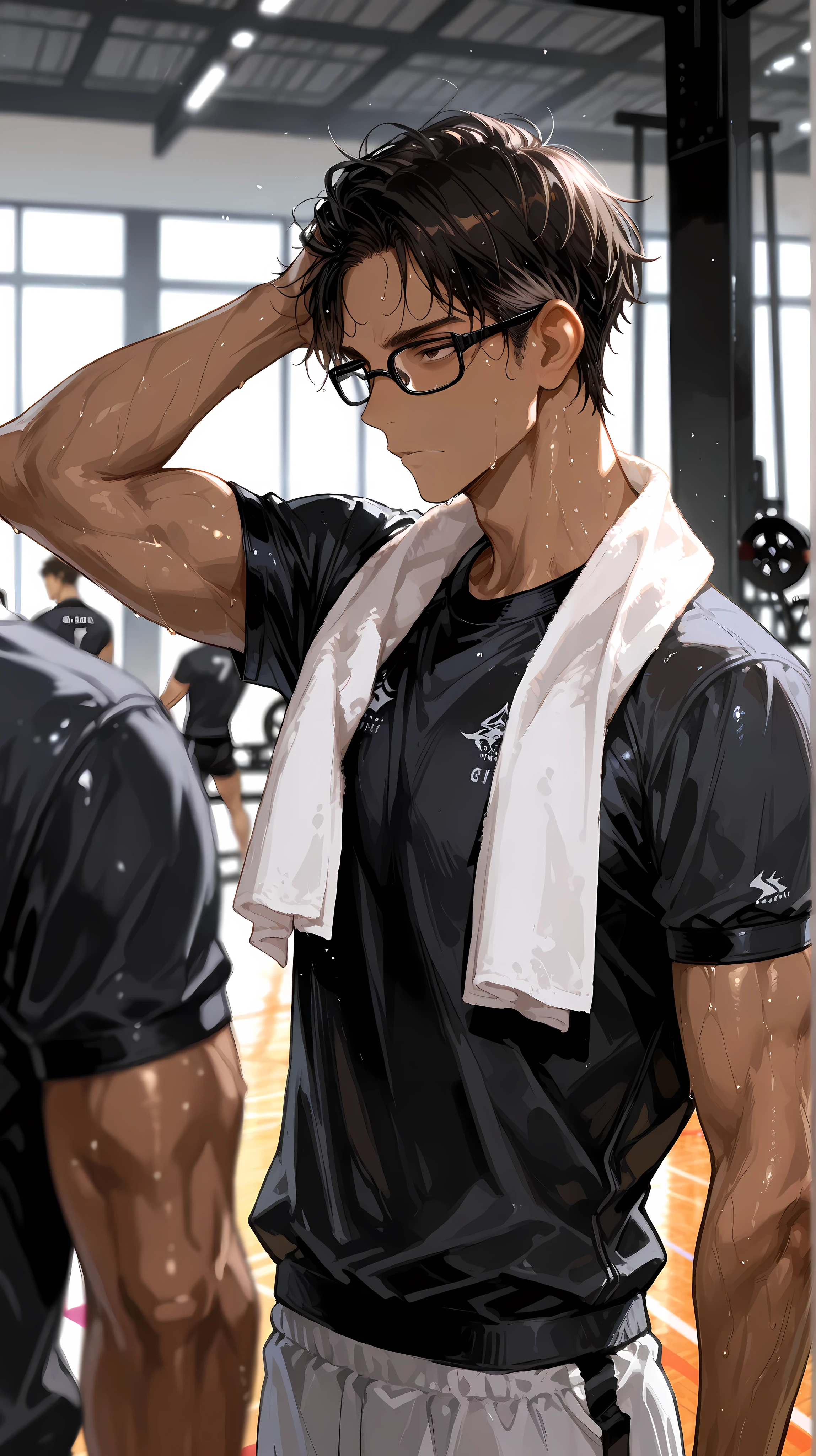 masterpiece,best quality,amazing quality, detailed eyes, very aesthetic, depth of field, detailed background, 1boy, , solo, male has brown skin, male has long face, male has low fade hair , male has squinted eyes, male has dark brown eyes, black hair, male is muscular, male wears black frame glasses, male wearing black fit gym shirt, male wearing grey short, black modern gym, male standing, male straightens his hair with his right hand , a white towel is surrounded around the neck of the male, male has sweaty body, gym is empty