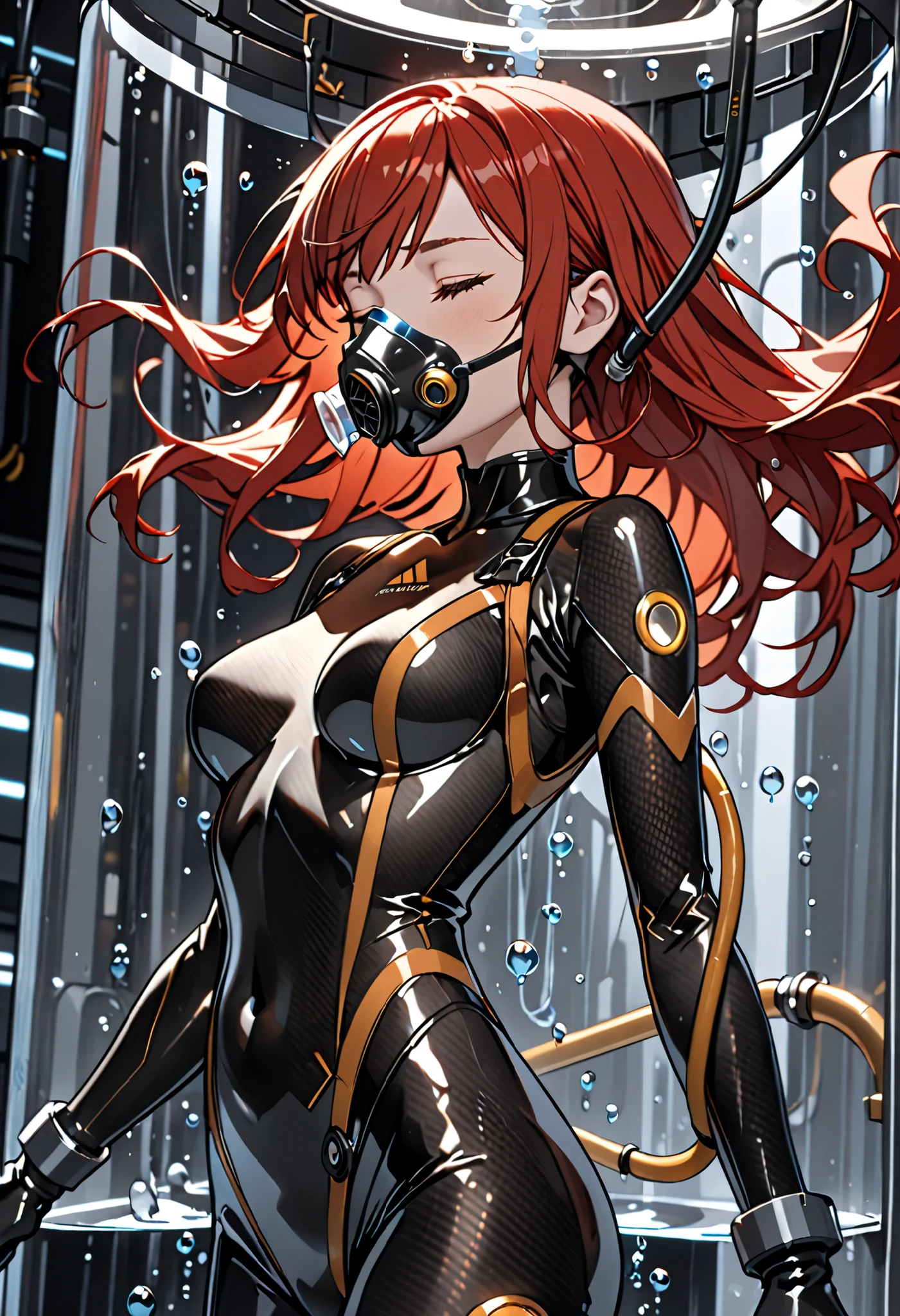 8K Ultra High-Quality, ultra-detailed, High quality, 1 woman , adult , golden eyes , long hair , (red hair) , (medium breasts:0 . 8) , petite , very cute , beautiful , solo , closed eyes, carbon fiber bodysuit, submerge, bubbles, floating, stasis tank, black oxygen mask, cable inserted to body, side view, close up