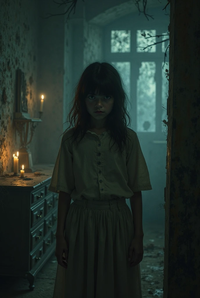 horror background, with a dark creature that appears at the bottom of a hallway inside a house, 11 year old daughter of severus snape his eyes shine and there is fog. lighting a flashlight in first person. she has a long loose dress, only his long hair silhouette can be seen, is in a disjointed position
