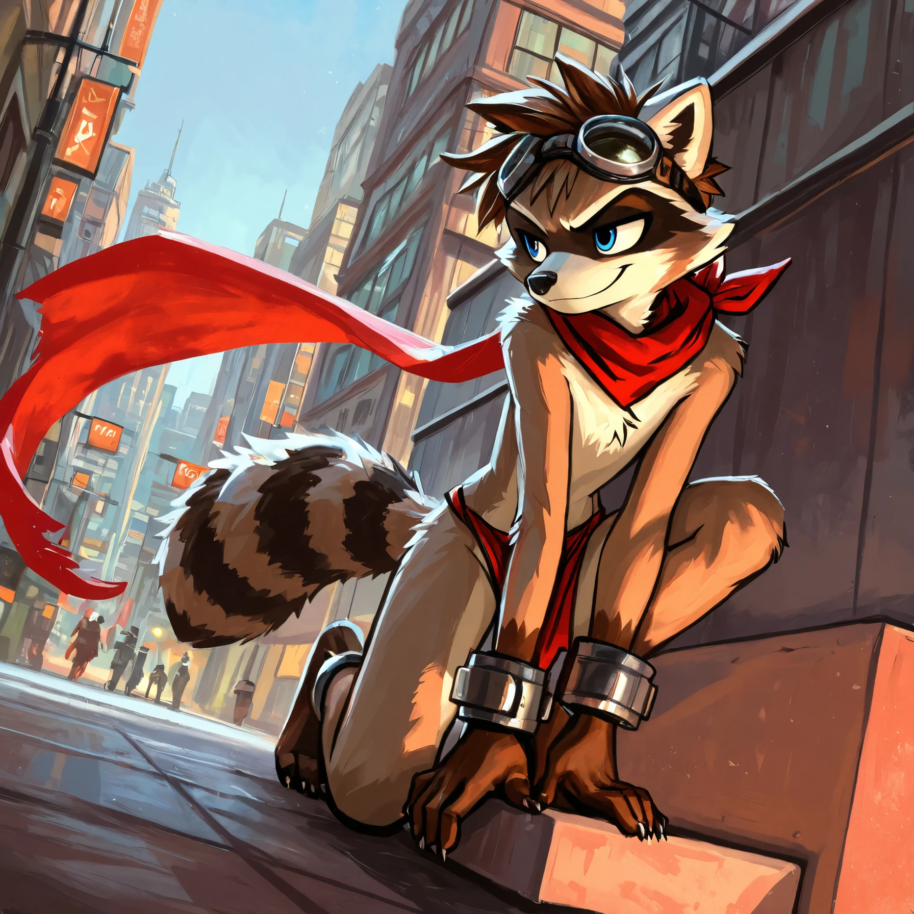 no lighting , deep shadow , dynamic angle , male , Furry , raccoon , spiked brown hair only on head , red scarf , blue eyes , goggles , red loincloth , red cape , masterpiece , detail body , fur all over body , detailed face , detailed eyes , detailed hands , Skinny , claws , high resolution , metal cuffs on wrists , metal cuffs on ankles , no shirt , no underwear , city , smirk, art by kenket