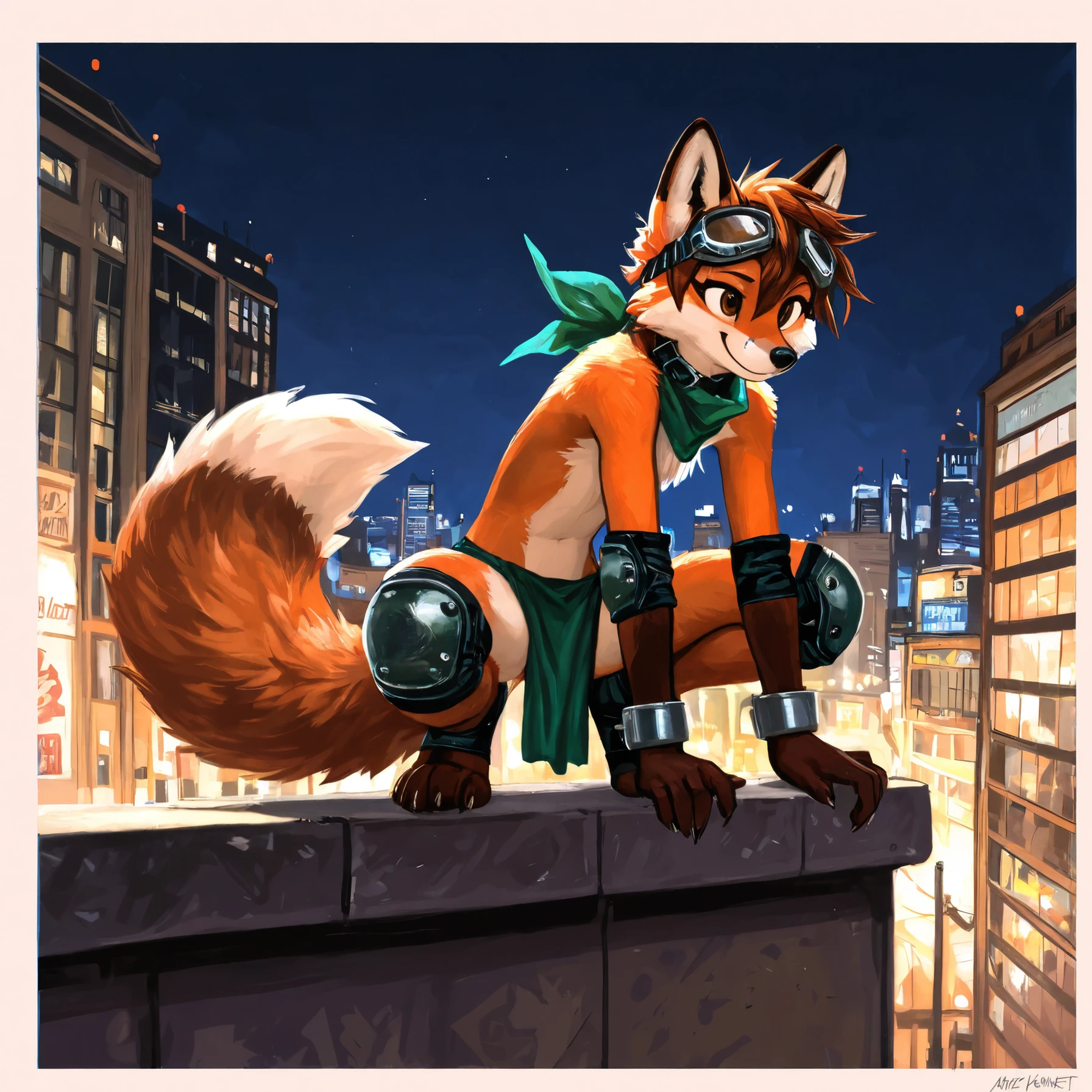no lighting deep shadow, masterpiece, high quality, hi res, solo, Furry, red fox, spiked brown hair only on head, collar, brown eyes, goggles, green loincloth, green scarf, elbow pads, knee pads, masterpiece, No muscles, Detailed hands, detailed face, detailed eyes, detailed body, Flat body, Skinny, claws, high resolution, metal cuffs on wrists, metal cuffs on ankles, no shirt, no underwear, city, night, smile, art by kenket
