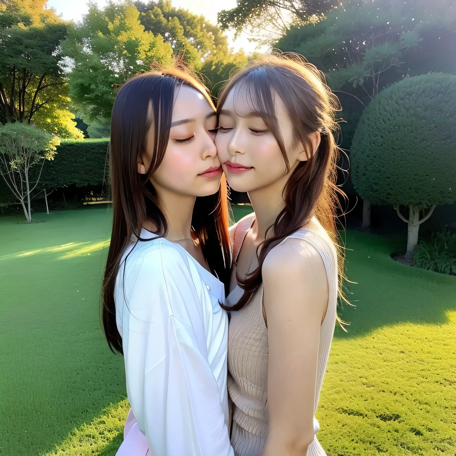 A breathtakingly beautiful 20-year-old woman stands in a lush green park at sunset, bathed in the warm golden light of the evening sun. Facing forward, her eyes gently closed, cheeks slightly flushed, and her face tilted upward as if anticipating a kiss, she embodies serenity and romance. The soft hues of the sunset complement the tranquil surroundings, enriching the dreamy atmosphere. Long hair, brown hair, dark eyes.
