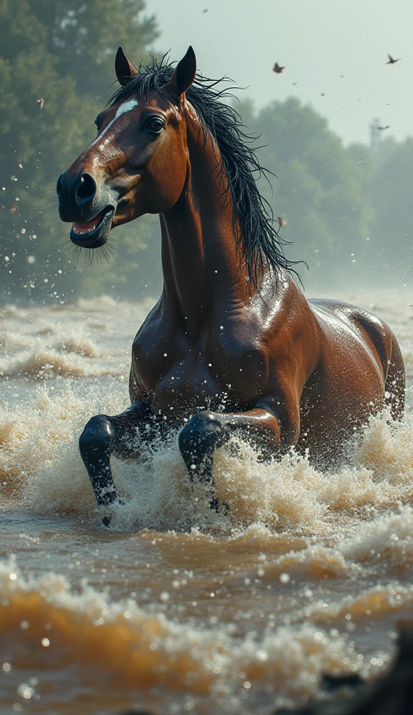 Horses running in the water,Trees in the background, horses in run, equine photography, galloping, horse is running, equine photo, cavalos, spatter, in full gear, Horses, cavalos, equestrian photography, high speed photography, author:Jan Kupeki, Beautiful horse, horse race, prize winning color photo, Fast shutter speed, majestic horses, flowing mane
