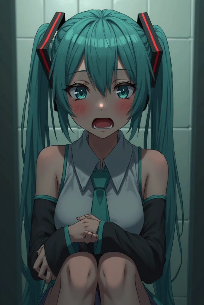 1Girl, solo,aqua hair, medium hair, blue eyes,(((black bunny suit,clavage,bare shoulders,black bunny ears))),short hair,froll above,open mouth,squat