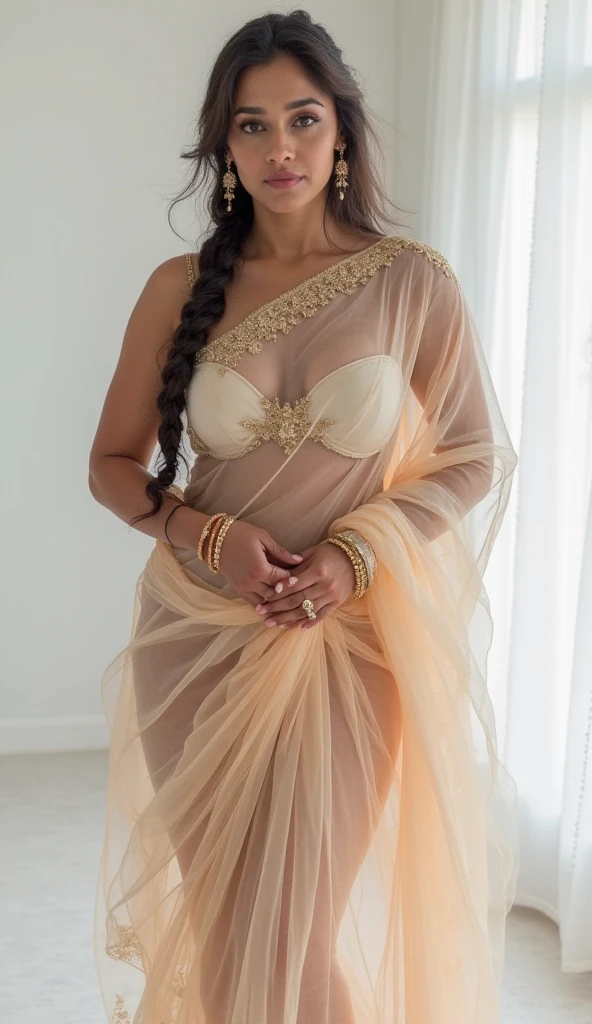 a 50-year-old shirtless man affectionately hugging and kissing aradiant, full-figured South Indian plus-sized 30 year old teacher wearing a off white silky saree in dressing room, (cum Splash on her face and blouse, cum Splash on her face, cum Splash)captured in a full-body image with vibrant hues and meticulous details. Full body image