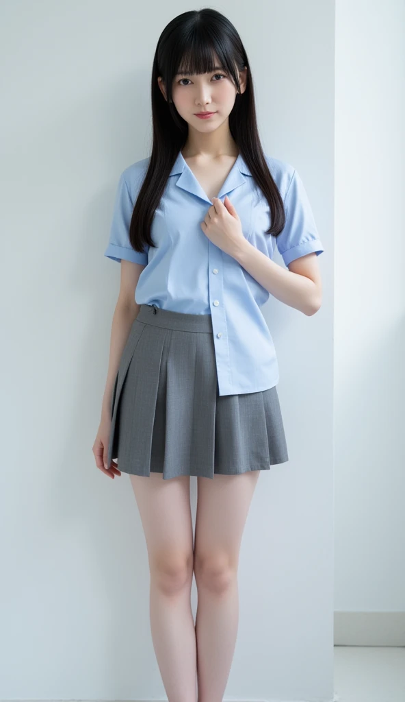 Allafard asian girl standing in room in skirt and tights, grey skirt, transparent gray skirts, bottom angles, wearing dresses, with two front pockets, seifuku, Pleated miniskirt, Pleated skirt, Wearing a skirt, white shirt and grey skirt, JK school uniform, wide skirt, solid grey, light gray, Magical school student uniform