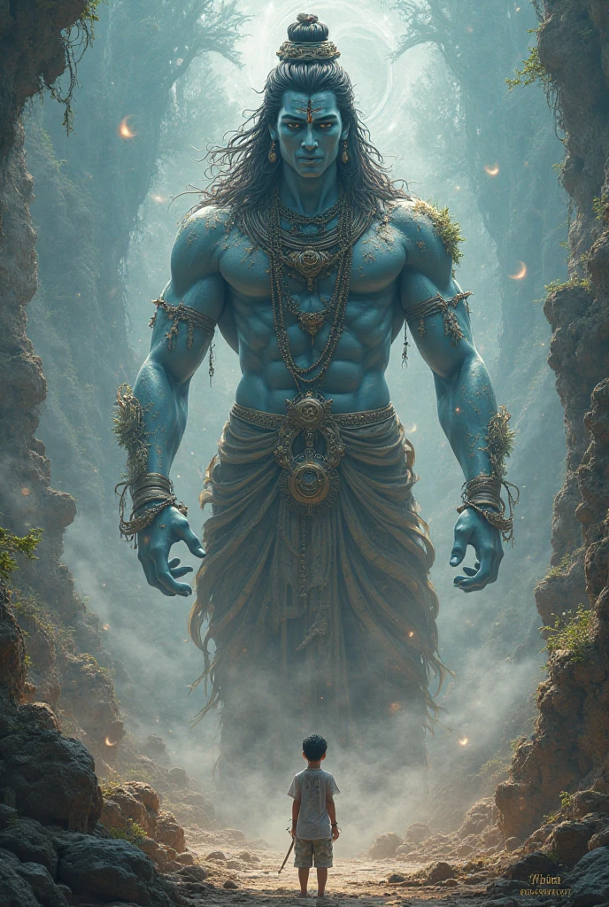 Lord Shiva has cut the head of small cute boy
The headless body of boy is lying down
Lord Shiva is angry
Maa Parvati is crying
Background has to be Himalayas