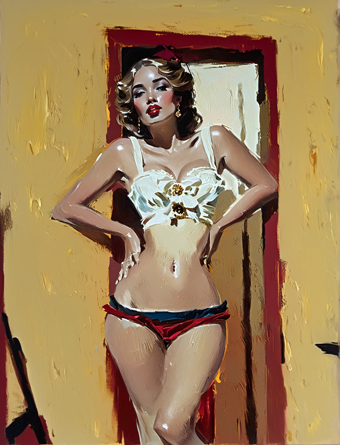 Burlesque dancer, dancing on a stage. breasts big, nudes, gil elvgren style.