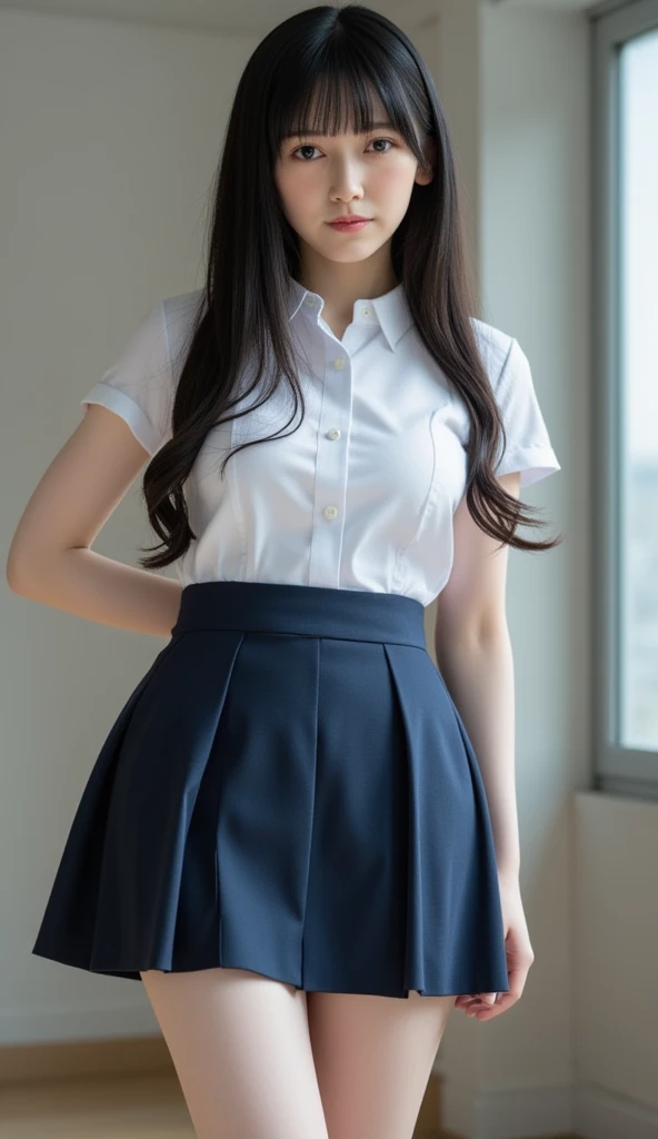 (8K, RAW Photos, Highest quality, masterpiece:1.2), (professional photography, full colors, studio-caliber color grading), (Gravure quality for high-end fashion magazines),  BREAK,18 year old girl, (boyish:1.15), (mannish:1.1), Big Natural Color Lip, Plumpy body, (smooth skin:1.1), (huge breasts:1.0),  BREAK (school uniform:1.2), ((loose style, tucked out tops):1.2), (fusion of oversized white tunic and white collared-shirt with untucked:1.4), (short sleeve:1.3), (button-up:1.4), (black and gray plaid pattern pleated mini skirt:1.2), (thigh skin:1.4), (socks:1.2), (loafers:1.1), BREAK hotel room