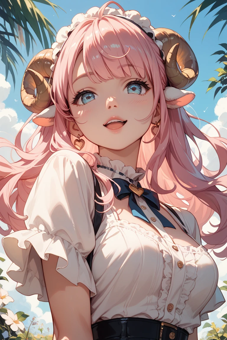 a close up picture of a woman's face looking towards the sky, as she looks up the (rain drops: 1.3) fall on her face, a very beautiful woman, long hair, pink hair, wavy hair, (elegant make up: 1.3) wet hair,pink eyes, she wears an elegant, intricate dress, there is a sense of joy on her face, an urban street at night. cloudy night, horns, large breasts