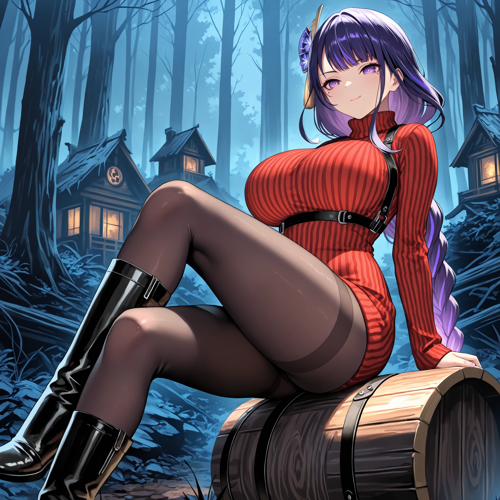 masterpiece, high quality, best quality, very aesthetic, absurd, raiden shogun, braids, long hair, one mole, one mole under the eye, purple eyes, purple hair, red sweater dress, turtleneck, striped sweater, black thigh-high boots, black stockings, harness, beautiful purple eyes, long purple hair, very big breasts, serious face, sexy pose, solo woman, anatomical details,smile face , sexy, outdoor, best quality, nice eyes, solo woman, look at the audience, plump thighs, perfect background, Oppai / Slim body big breasts, only one woman, perfect big thighs, side, 4k resolution, resident evil game background atmosphere, dark atmosphere, midnight, midnight in forest, village in forest, high black boots, balck pantyhose, ada wong costume , zombie in the back, sitting on a wooden barrel, tall tower