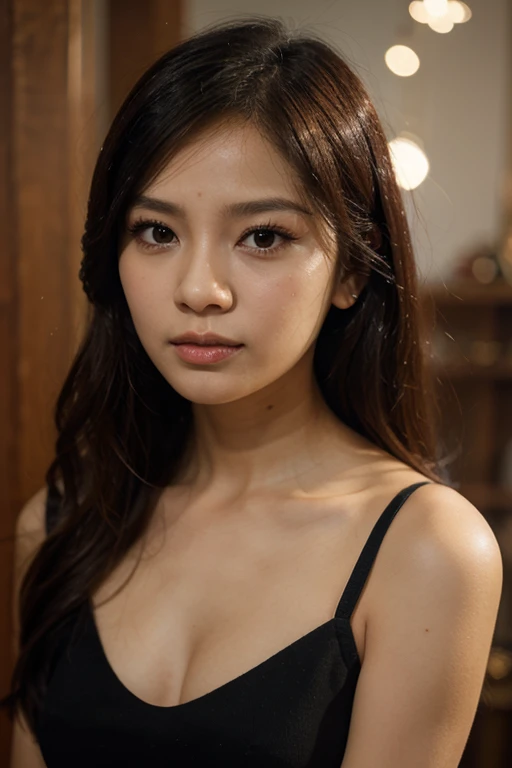 (best quality,masterpiece,ultra high res,photorealistic:1.4),raw photo,1girl,asian girl,off shoulder,small breasts,cleavage,sexy belly,beautiful detailed eyes,beautiful detailed lips,longeyelashes,vivid colors,soft lighting,floral background,peaceful atmosphere,delicate skin,subtle makeup,brown hair flowing,title: "Ethereal Beauty: A Serene Portrait of an Asian Girl"