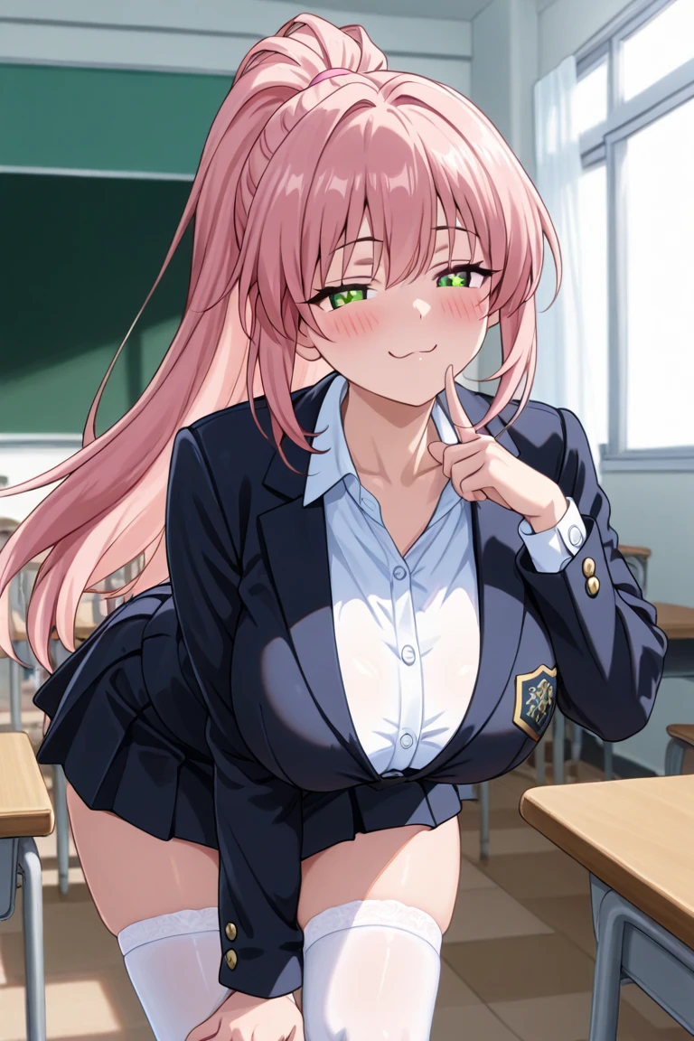 tmasterpiece, Best quality at best, ultra - detailed, hyper realisitc, photore),delicate patterns, detailedbackground, completely uncensored, cow boy shot, japanaese girl, Classroom, 校服, Loose collar, a skirt, Look at the glasses, hair between eye, Pink haired girl holding up index finger,one hand on hips, Cheeks puffed up with anger, from the above, Leaning forward,