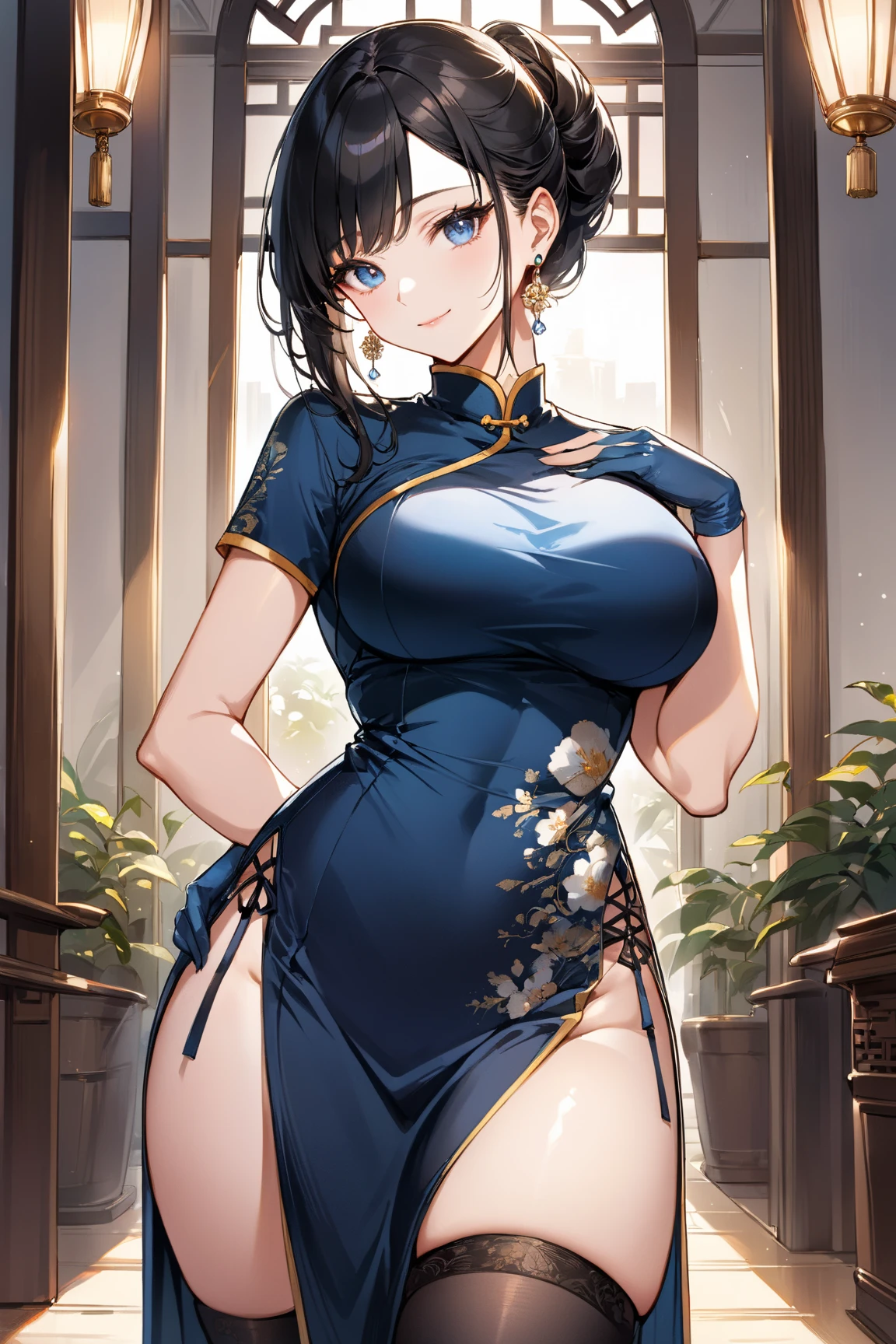 1girl, natural lighting, masterpiece, highly detailed, illustration, game CG, absurdres, high quality, glossy lips, aichan, large breasts, blue eyes, beautiful detailed eyes, short brown hair, side braid, (sleeveless short cheongsam), garden,