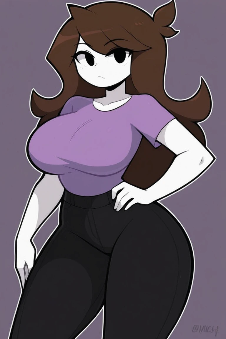 (masterpiece, best quality:1.2), extremely detailed, soft ambient lighting, sharp focus, 4K, BREAK 1girl, solo, jaidenanimations, purple t-shirt, black pants, long brown hair, white skin, BREAK simple background, white background, looking at viewer, smiling, hands on hips, blushing extremely, bending over forwards, (big breasts:1.3)