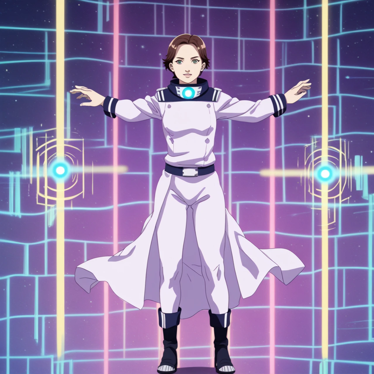 anime artwork a woman dressed in orange catsuit and red ribbon belt and short hair in a museum throws a small white card <lora:Catseye1024-000210:0.8> . anime style, key visual, vibrant, studio anime, highly detailed