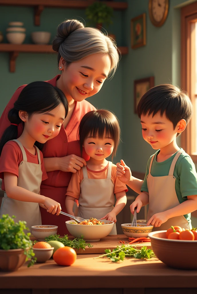 Filipina Woman in her 30's taking care of her 3 children, 2 boys in High School and 1 girl in elementary, a professional husband. All of them eating breakfast 