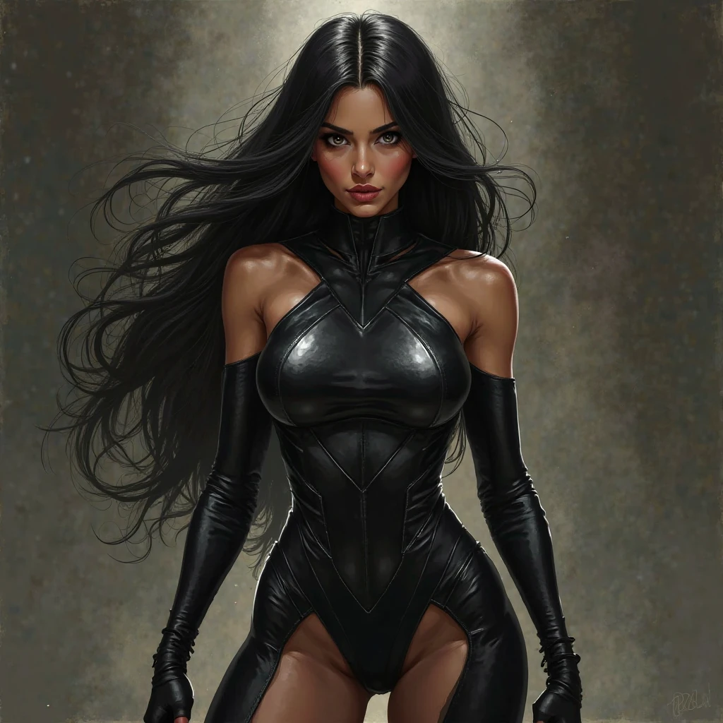 1 beautiful woman, long blackw hair, shining blue eyes, perfectbody, perfect abs, perfectly round butt, very tight leather pants (blackw), blackw boots, assassin trench coat with blackw hood (windblown), make up, ombre, Accessories, (work of art), (light effects), (photorrealistic), (well-detailed face)