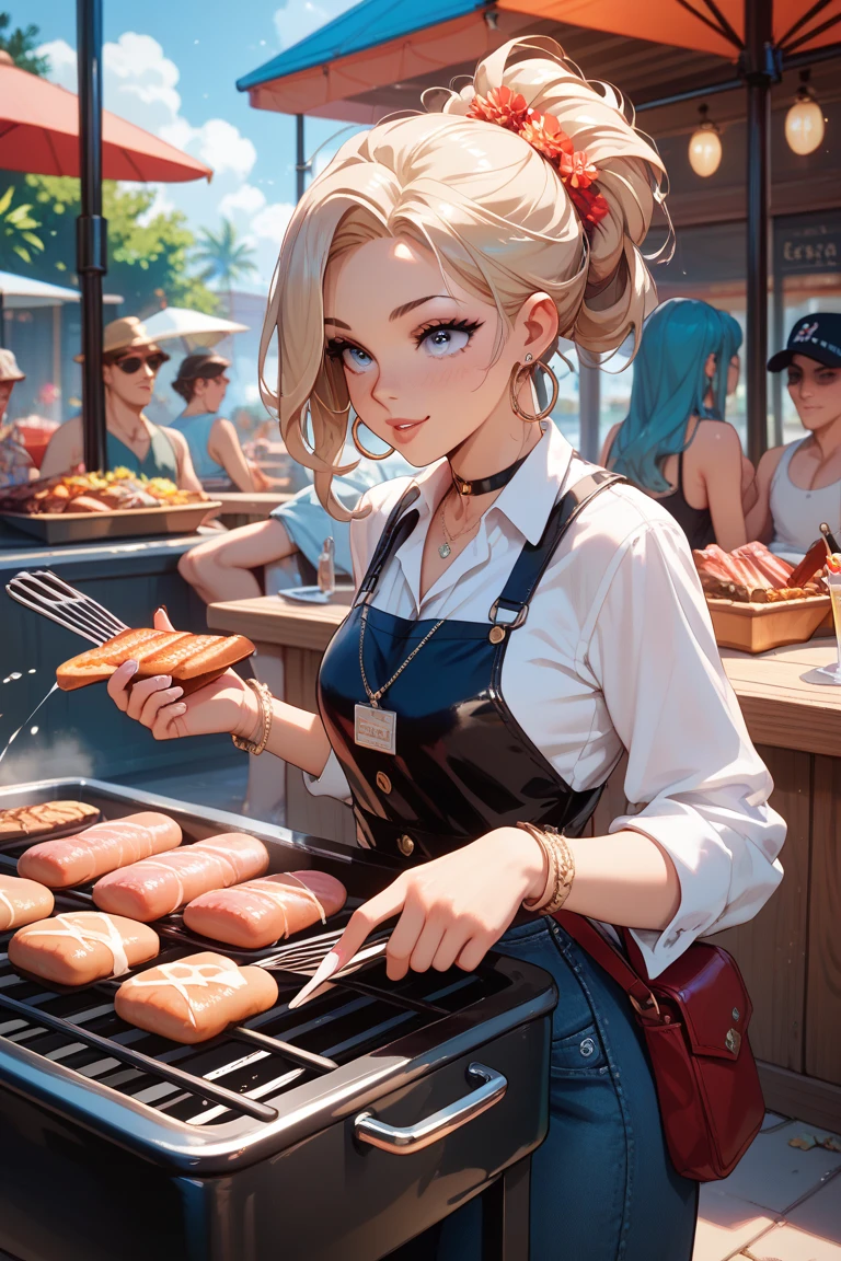 Woman in a tight tank top and tight hot pants eating a hot dog at an American food stall highest quality Beer to the table