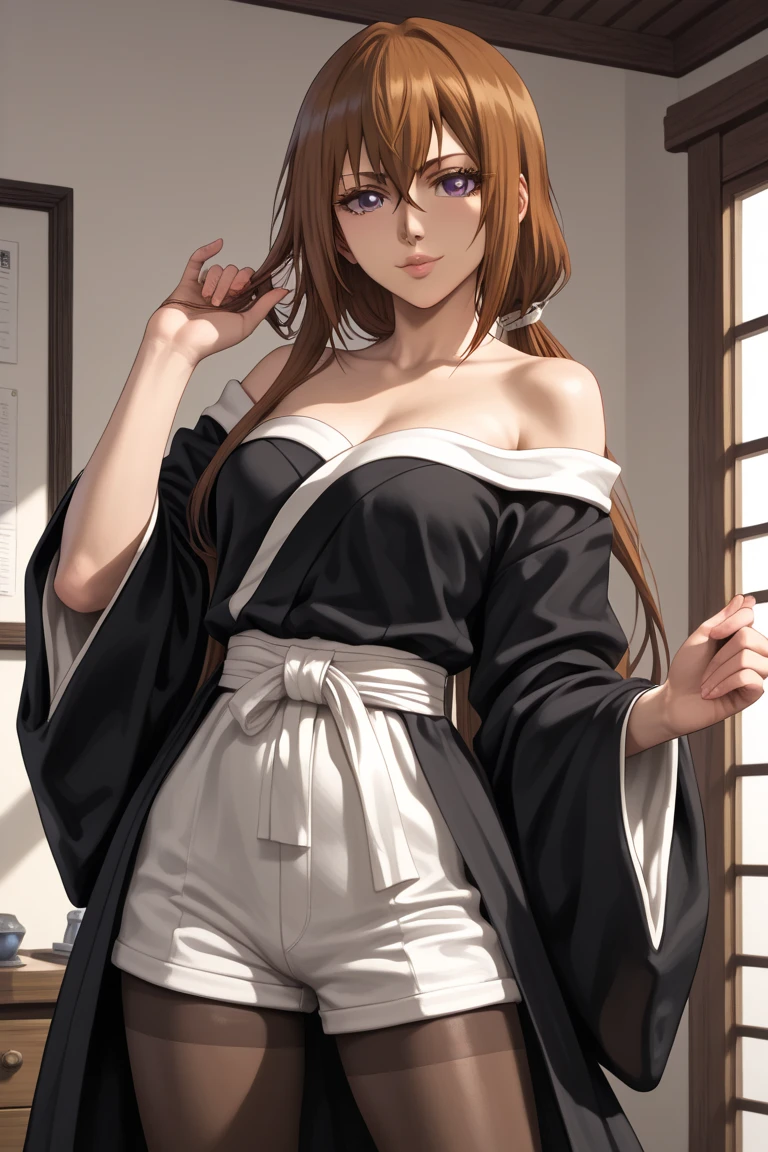 masterpiece, best quality, ultra-detailed, 1girl (namiop, Big and pretty breasts, , jewelry, earrings, dog collar, orange hair,long hair, brown eyes), a come-hither face, wicked smile, parted lips, makeup, glow lips, facing viewer, looking at viewer, solo, kimono, japanese clothes, short kimono, wanostyle, night time, in the livingroom, standing, Sexy waist teasing, a provocative pose, from_below