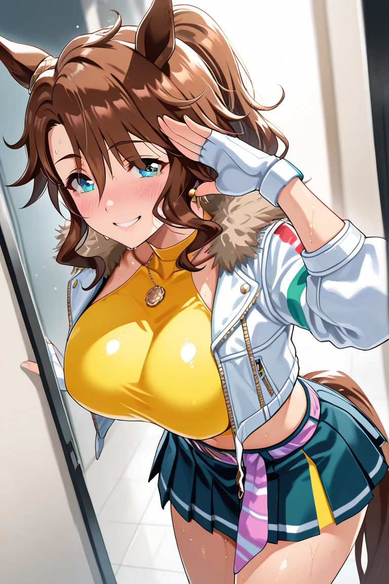 ((Tabletop, Highest quality, High resolution, , Pixel Perfect, 4K, ))), Beautiful woman,, alone, beauty、The whole body is visible、 (((Sexy Witch Cosplay), Long dark blonde wavy hair、Off-the-shoulder jacket,　Dark blue flared skirt、Black knee-high stockings、No bra、、Mid-wave hair, bangs, Brown Hair)), ((Brown eyes, Beautiful eyelashes, Realistic eyes)), ((Detailed face, Blushing:1.2)), ((Smooth texture:0.75, Realistic texture:0.65, Realistic:1.1, Anime CG Style)), Center of chest, Dynamic Angle, Perfect body, ((,)), 、、Very embarrassing panic smile, 、Princess Bedroom in Castle、On the bed、Lying in bed、look up、(Nipples are visible, 、、、、、Pink lace panties、)、Angle from below