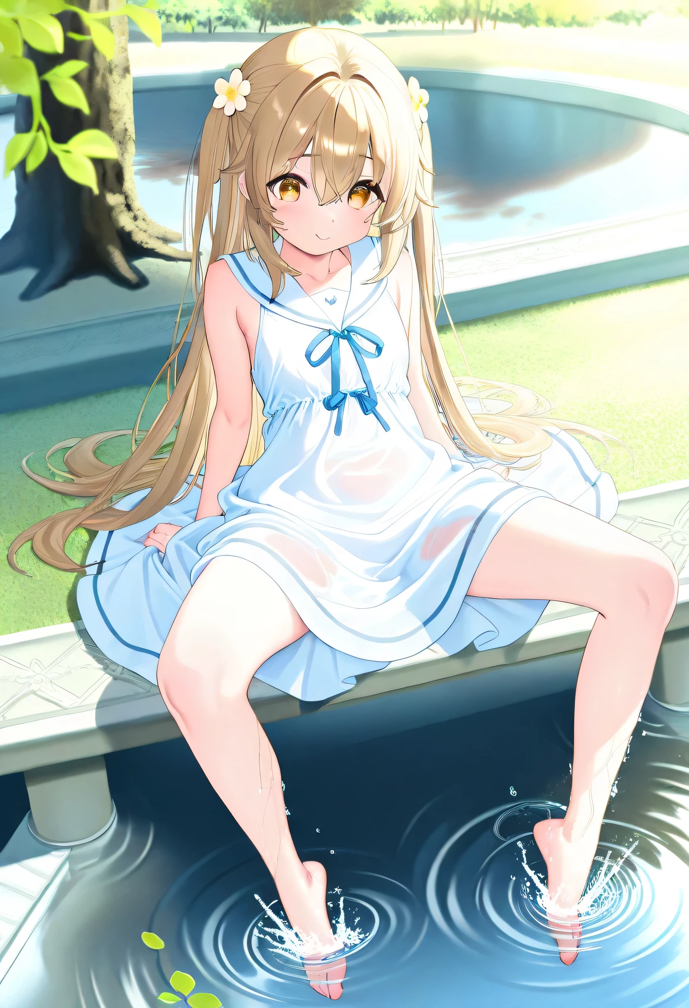of the best quality、high definition、high image quality、masterpiece、detailed background、Water place in the park where the spring sun shines down、Girls in white sailor dresses playing innocently while splashing water、A dress with clear laughter and wind、Ripples spreading underfoot and shimmering water droplets、A scene full of spring freshness and pure fun、cute